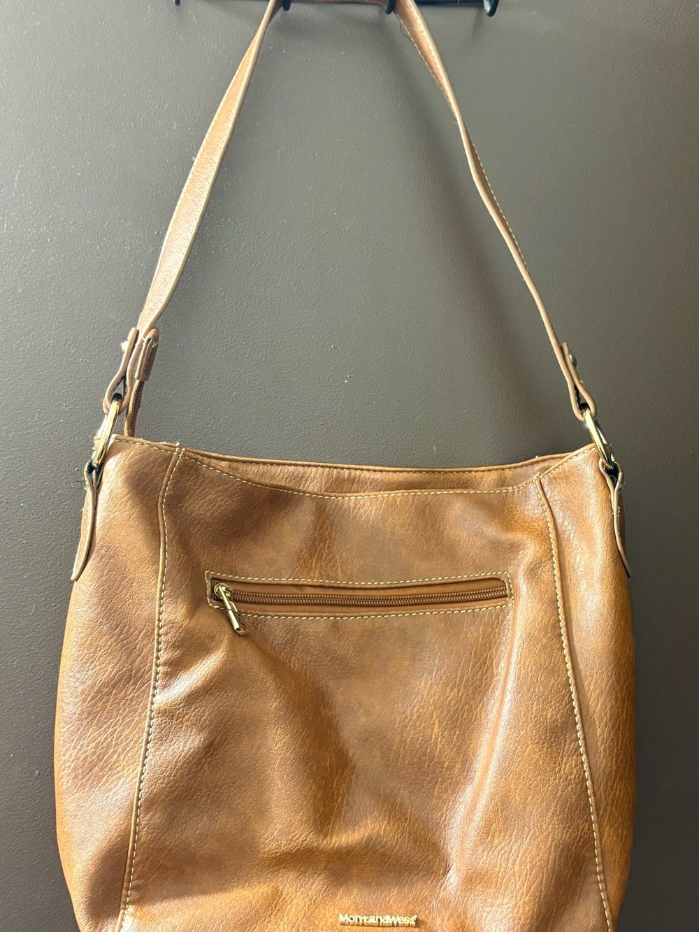 Montana West Cognac Tan Leather-Look Shoulder Bag with Front Zip